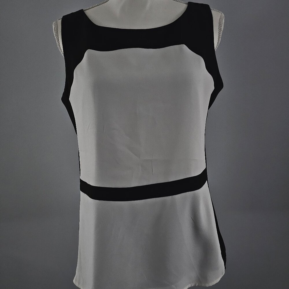 ANN TAYLOR black/cream BLOUSE top SLEEVELESS dressy LINED zipper - Picture 1 of 10